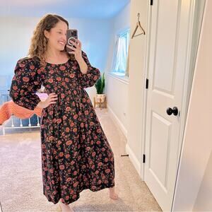 THE GREAT. Black Pink Cotton Floral Maxi Dress XS/S